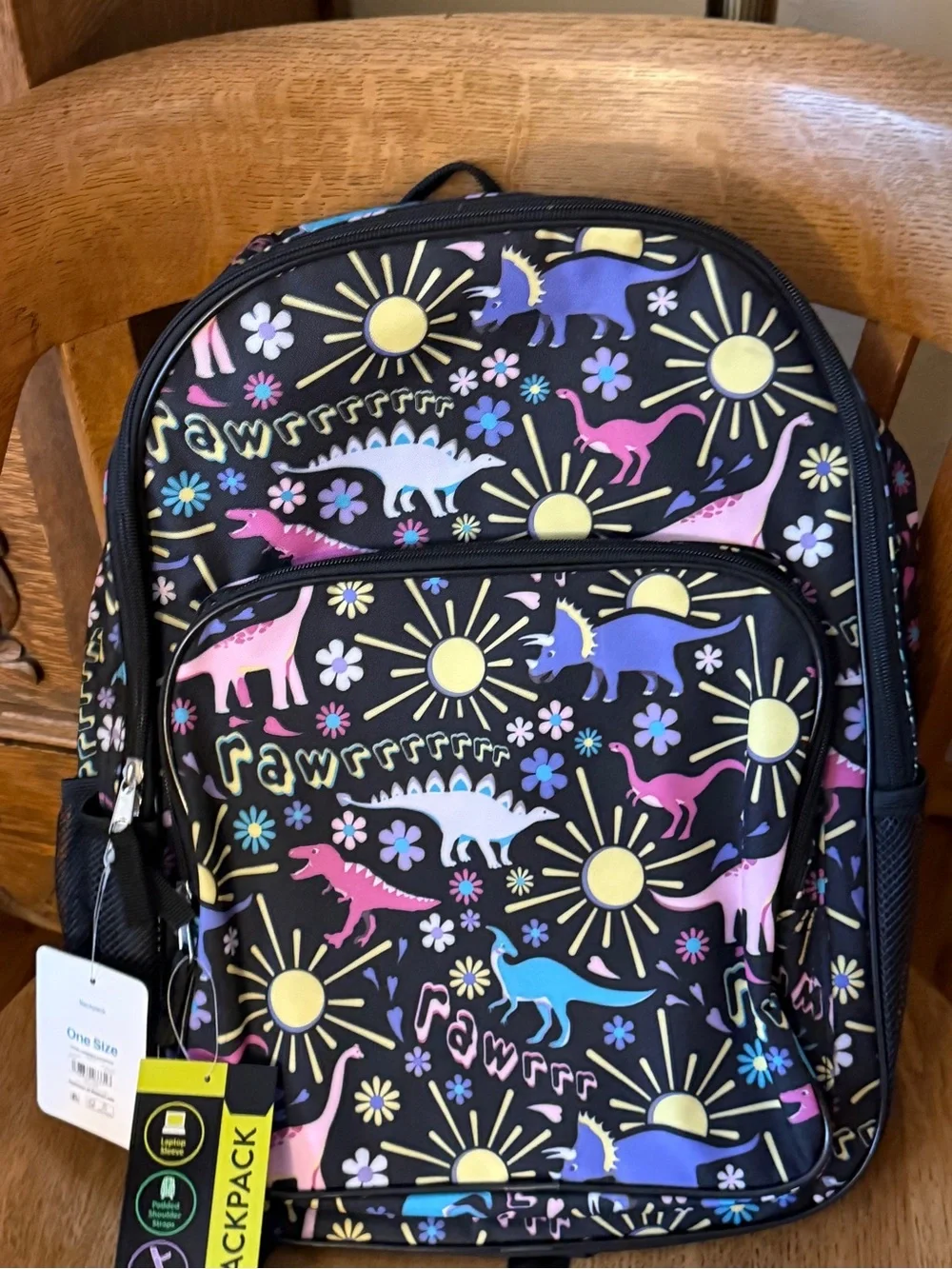 Wonder Nation Kids Black Backpack with Pastel Pink Dinosaurs and Sun Print NEW